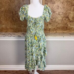Margaux Riviera Smocked Midi Dress Large Blue Yellow Floral Puff Sleeve Cottage